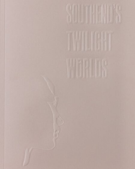 Pale, dirty pink coloured cover with blind embossed title: Southnds' Twilight Worlds and a high contrast human face in profile